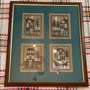 4 Seasons Cross-Stitch Art Green Mat 16.75” w x 19.5” tall #6/92 wooden frame